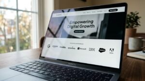 Tela de laptop exibindo bloco de logos de clientes organizado no topo de um site