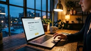 Mão parada sobre o notebook diante de um formulário de contato pela metade, ao entardecer.