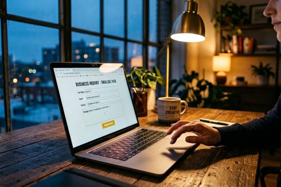 Mão parada sobre o notebook diante de um formulário de contato pela metade, ao entardecer.