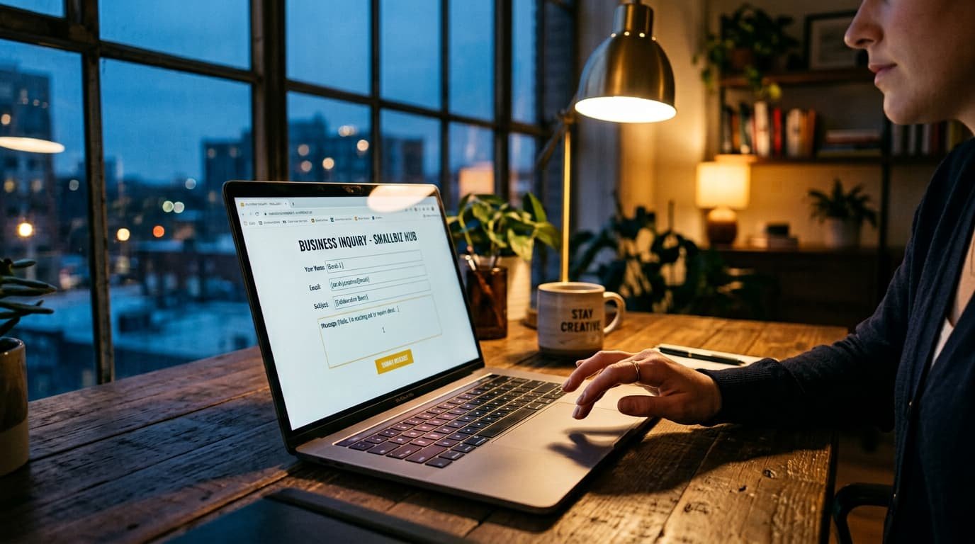 Mão parada sobre o notebook diante de um formulário de contato pela metade, ao entardecer.