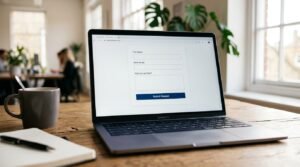 Tela de notebook exibindo um formulário de contato simplificado com poucos campos, à luz da manhã.