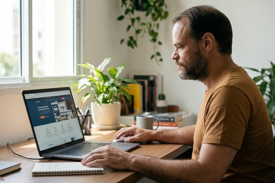 Empreendedor avalia mockup de site no laptop em mesa iluminada por luz natural de manhã