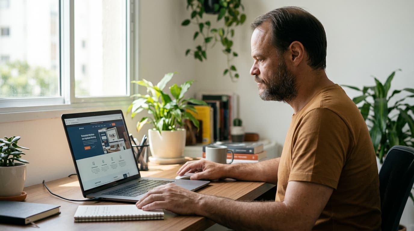 Empreendedor avalia mockup de site no laptop em mesa iluminada por luz natural de manhã