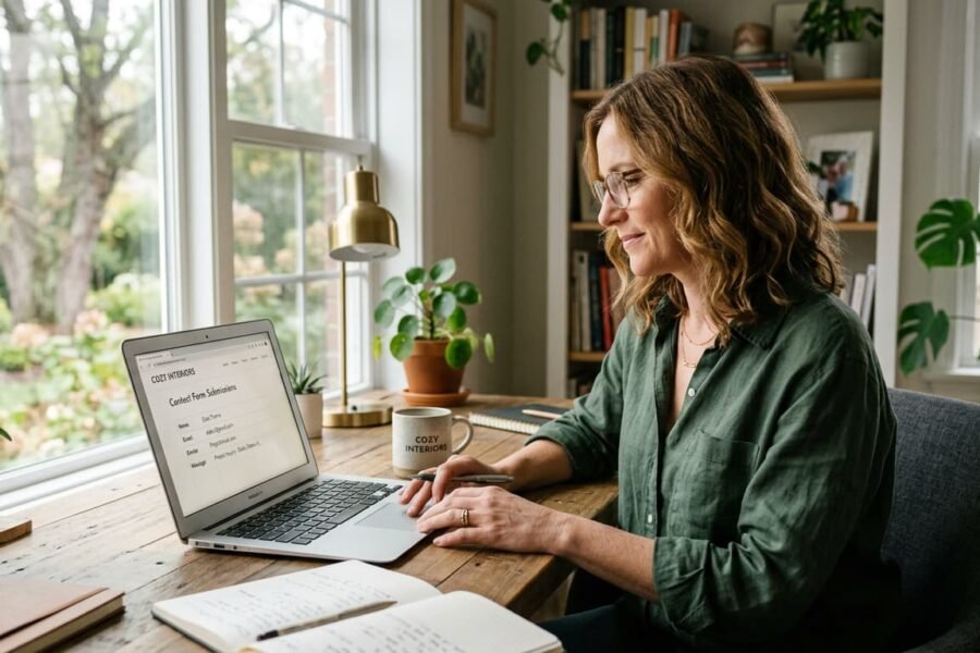 Empreendedor revisando formulário de orçamento do site no notebook em escritório claro