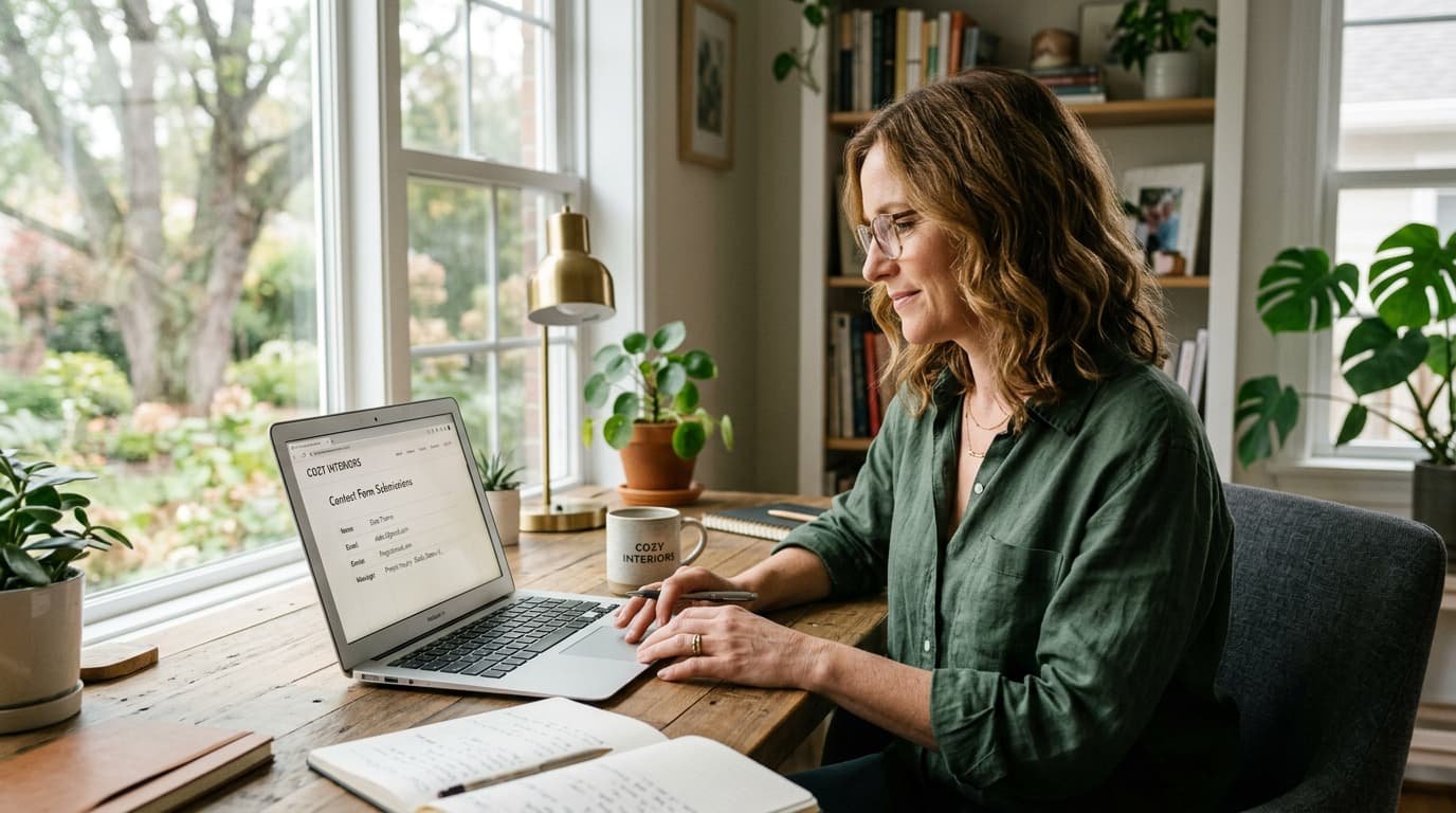 Empreendedor revisando formulário de orçamento do site no notebook em escritório claro