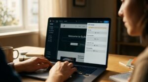 Tela de editor de site mostrando configurações de SEO bloqueadas em um plano de entrada de construtor de IA