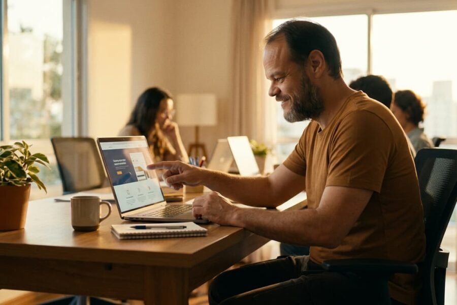 Empreendedor avaliando o mockup de um site no laptop antes de decidir entre uma ferramenta de IA e um projeto profissional