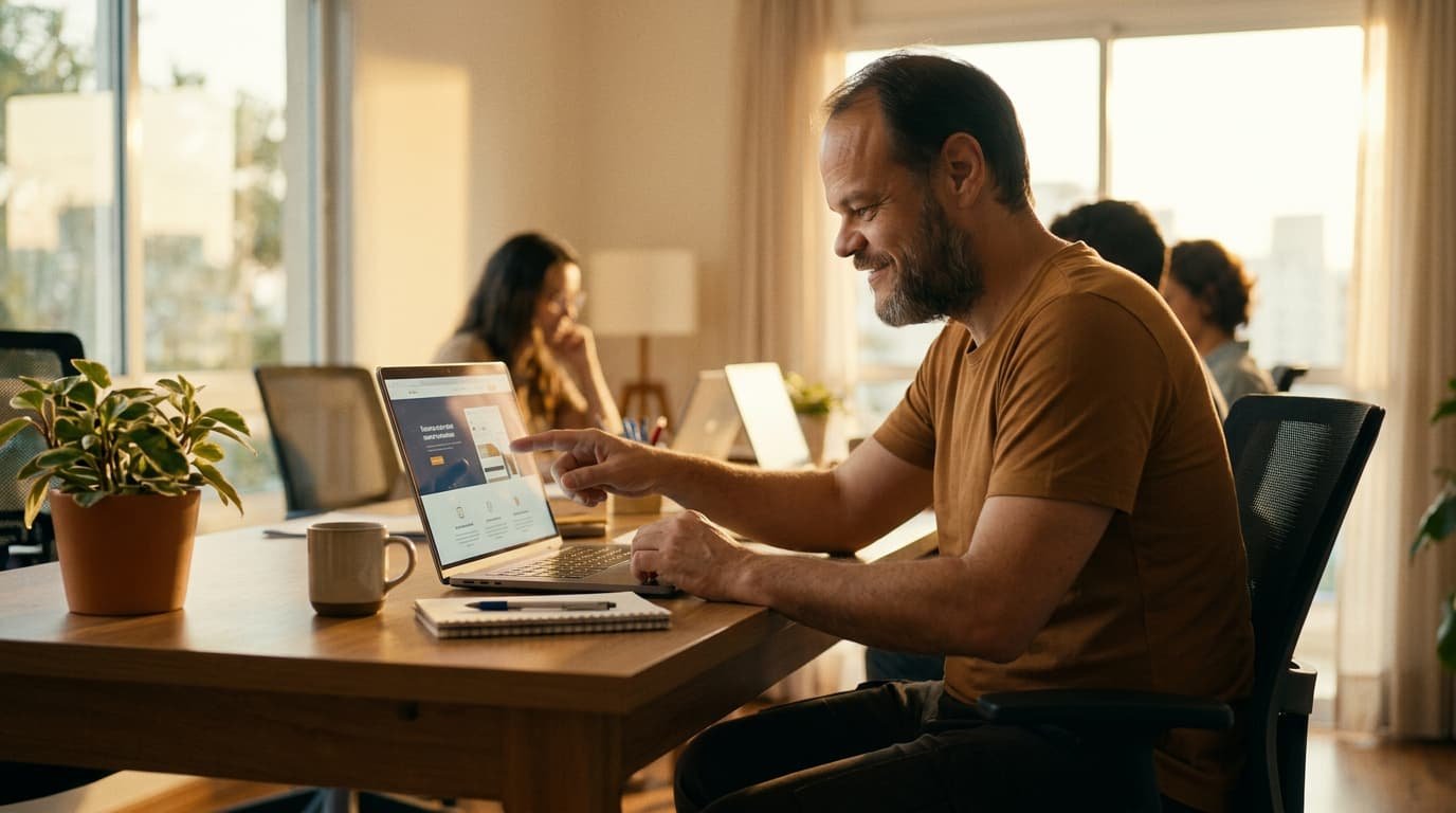 Empreendedor avaliando o mockup de um site no laptop antes de decidir entre uma ferramenta de IA e um projeto profissional